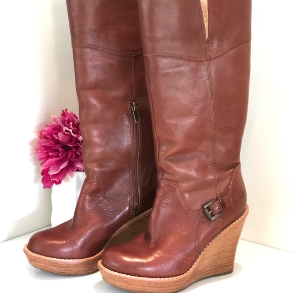 UGG Shoes - UGG Cognac Leather Wedge Boots 5.5